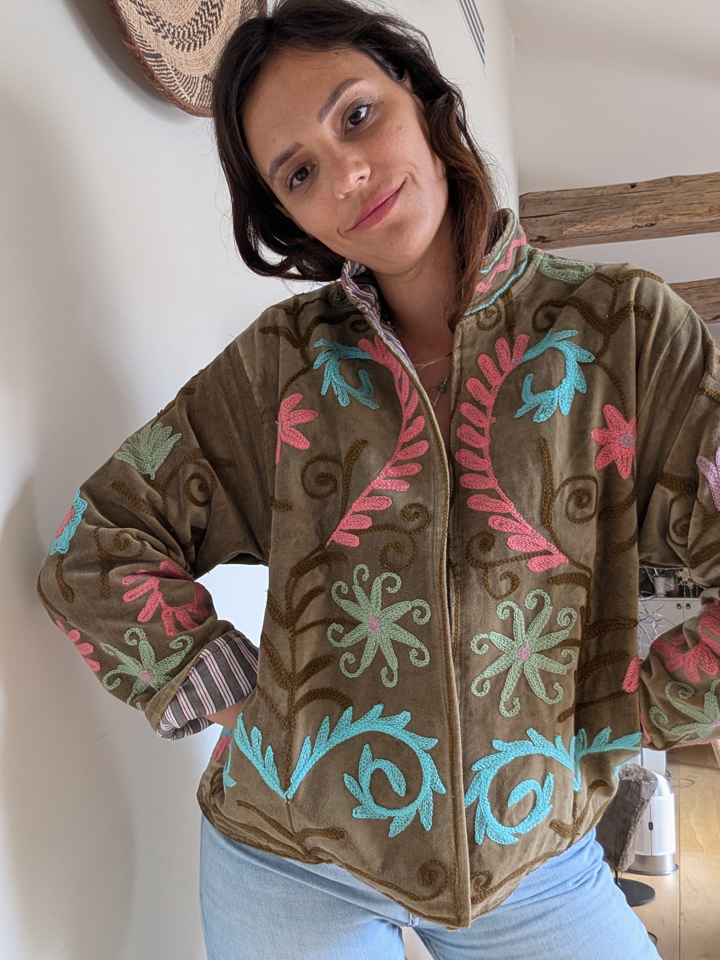 VESTE EN VELOURS BRODÉE - KAKI