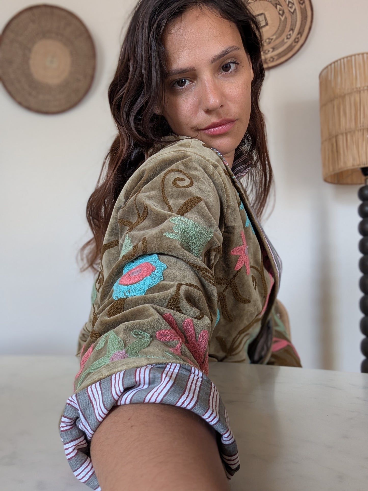 VESTE EN VELOURS BRODÉE - KAKI