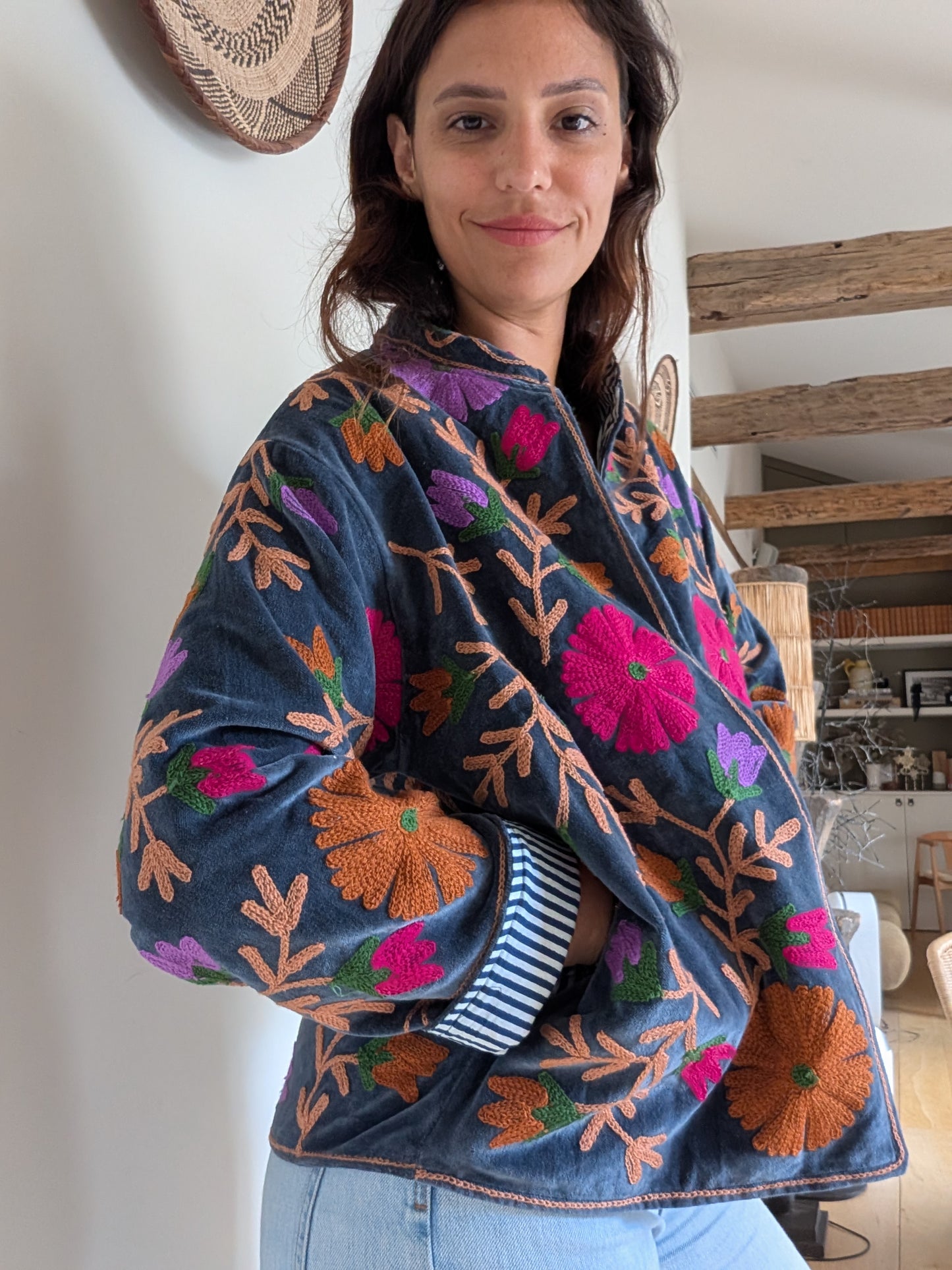 VESTE EN VELOURS BRODÉE - MARINE