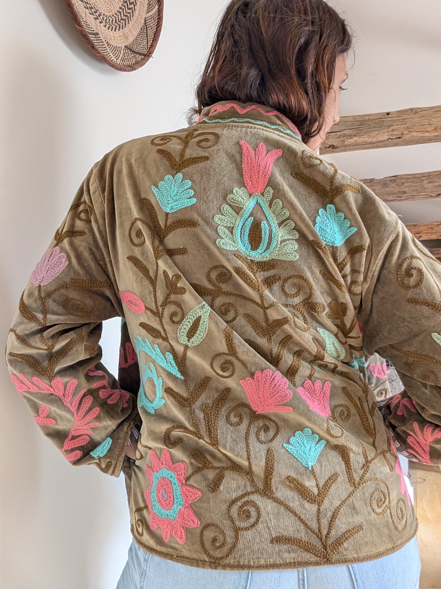 VESTE EN VELOURS BRODÉE - KAKI