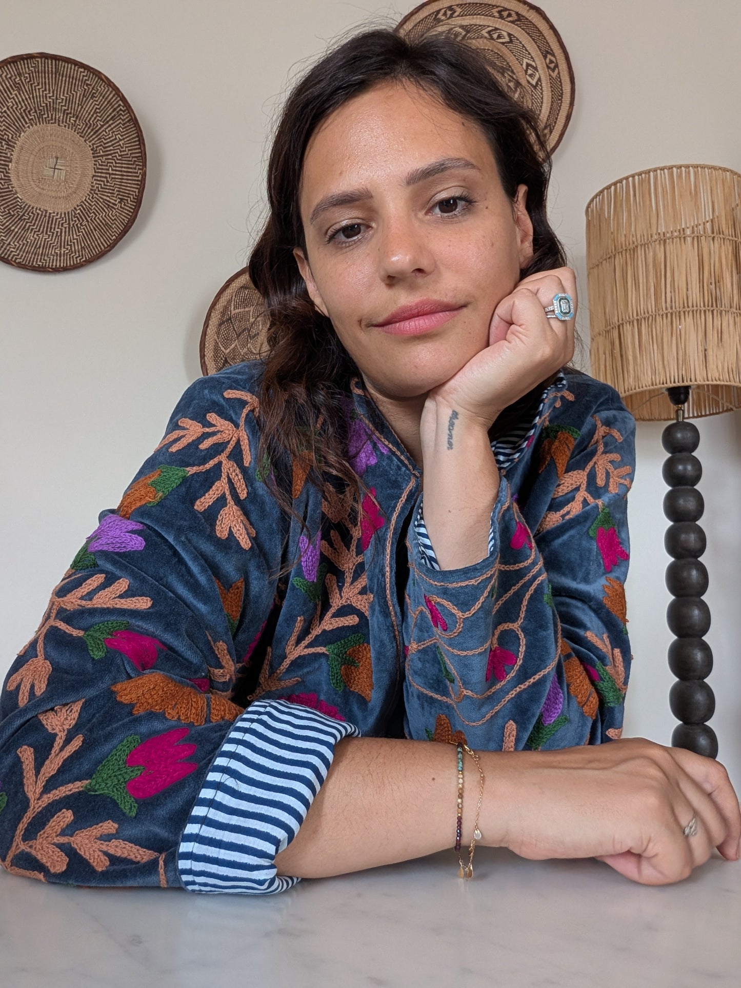 VESTE EN VELOURS BRODÉE - MARINE
