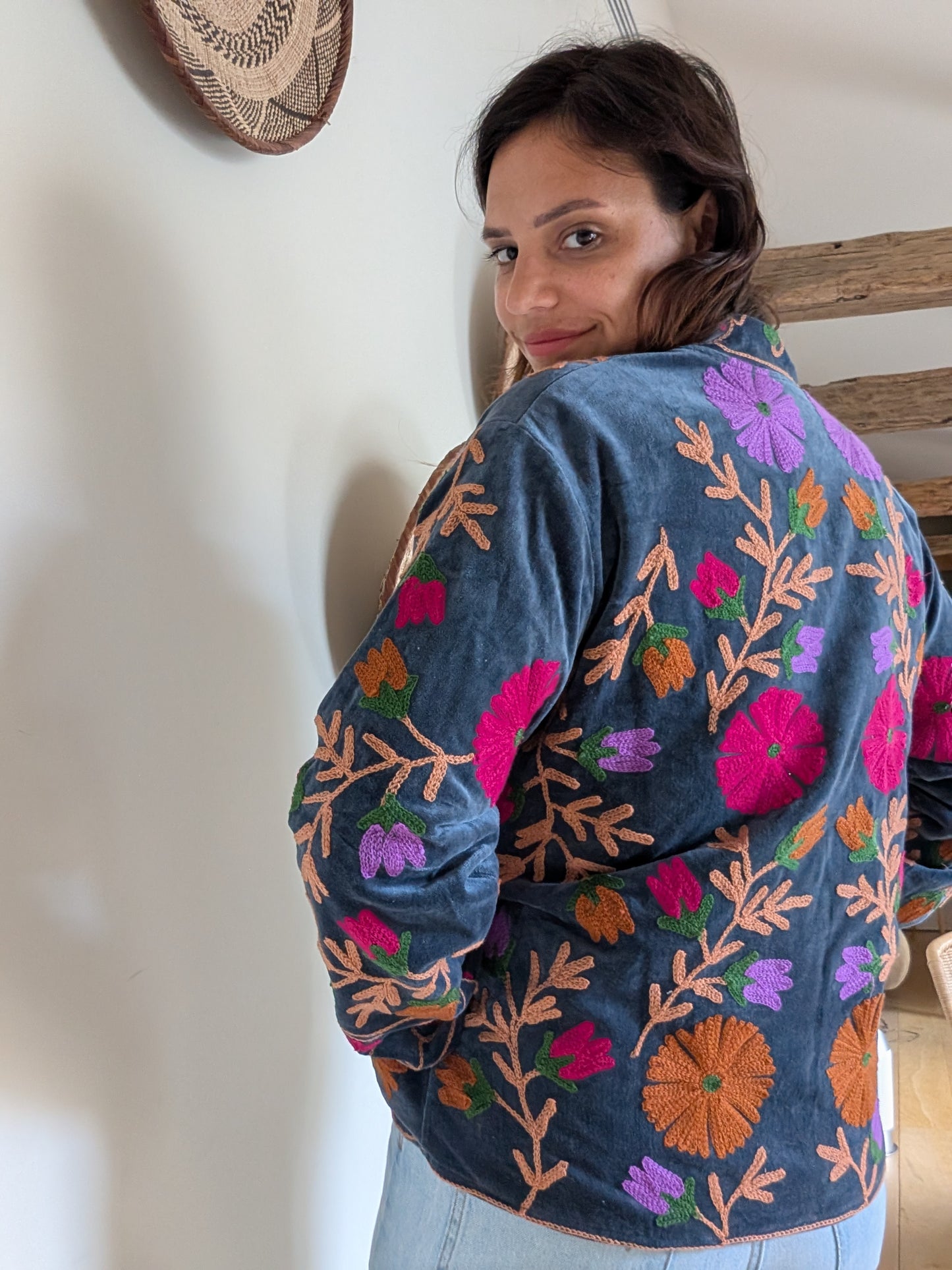 VESTE EN VELOURS BRODÉE - MARINE