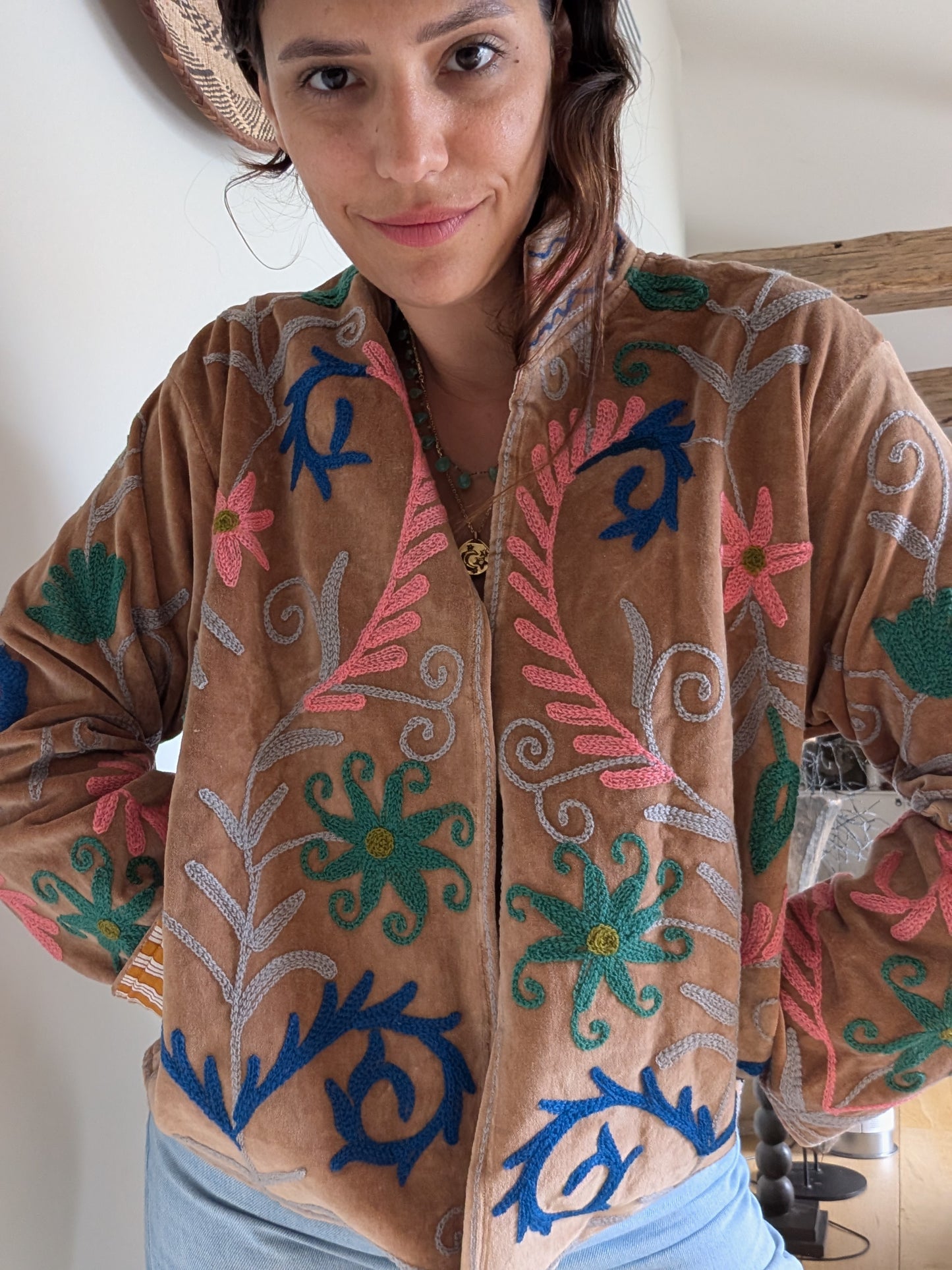 VESTE EN VELOURS BRODÉE - BOIS DE ROSE